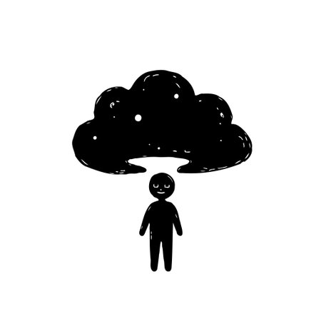 A monochrome stylized illustration showing a small, simple figure standing beneath a whimsical cloud. The image is minimal and evokes a sense of solitude and contemplation.のイラスト素材
