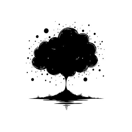 A simple yet striking image of a silhouetted tree reflected in still water, enhanced by scattered dots for a contemporary aesthetic. Perfect for conveying serenity, growth, or abstract art.のイラスト素材