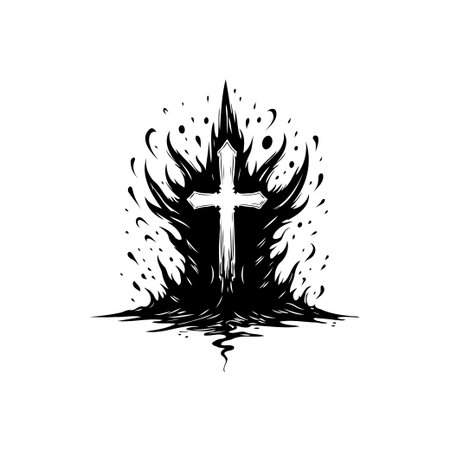 An edgy and stylized illustration showcases a cross at the center, emanating energy through spiky, ink-like bursts. The monochrome artwork balances stark contrast and creates an abstract conceptual design, ideal for religious and artistic contexts.のイラスト素材
