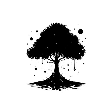 A striking abstract monochrome tree silhouette illustration. The design features suspended elements creating a surreal and captivating visual. Great for artistic and natural themes.のイラスト素材