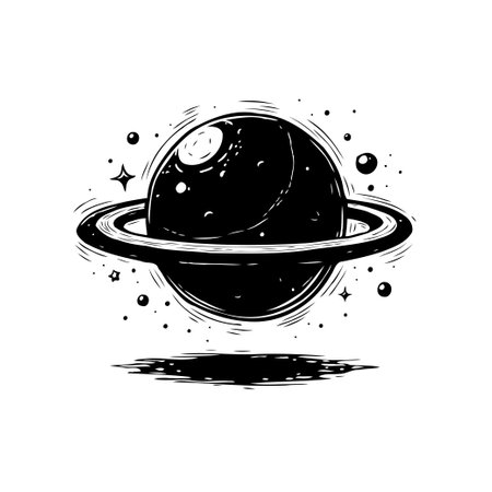 An artistic depiction of a ringed planet, floating amidst a scattering of stars and celestial objects, rendered in a black and white drawing style, creating a surreal visual.のイラスト素材