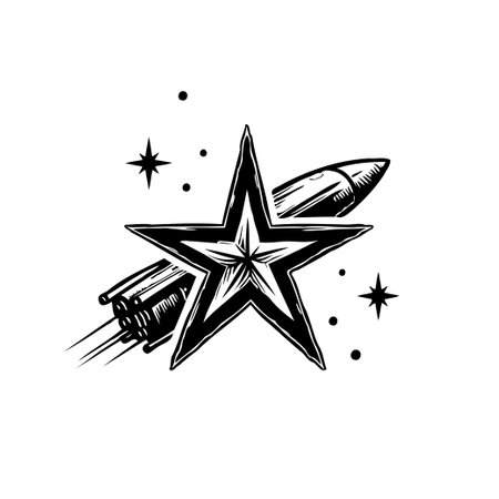 A monochrome illustration presents a star emblem with a stylized rocket, evoking a sense of celestial exploration and dynamic travel. The design is reminiscent of vintage sketches and graphics.のイラスト素材