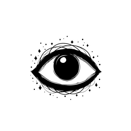 A minimalist illustration featuring a stylized eye, surrounded by mystical ornaments, it suggest themes of vision, spirituality, and the unknownのイラスト素材