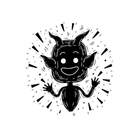 A playful cartoon illustration featuring a stylized horned character with a cheerful expression. The monochrome palette and dynamic bursts create a whimsically spooky mood.のイラスト素材