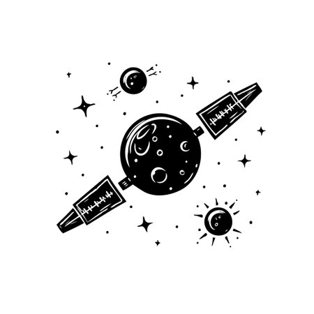 A stylized illustration depicts a satellite orbiting a moon, set amidst a field of stars, capturing the essence of space exploration.のイラスト素材