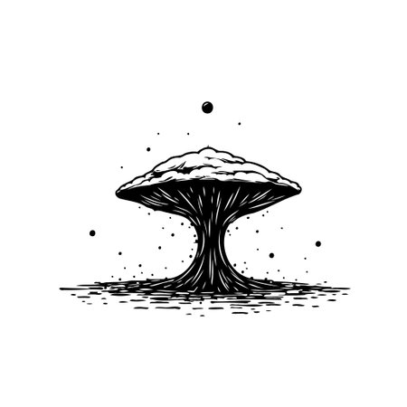 A stylized monochrome drawing depicts a mushroom-like shape surrounded by cosmic particles, offering a creative visual concept.のイラスト素材