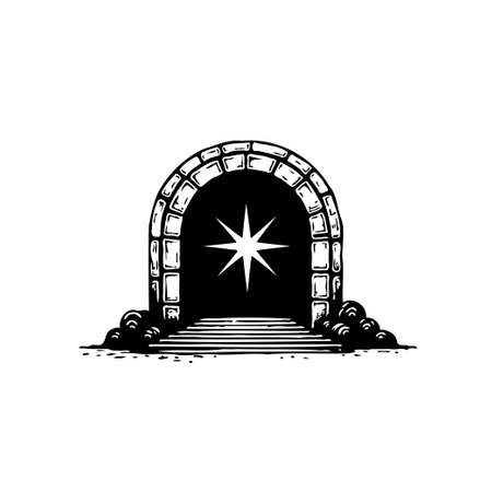 A hand-drawn illustration of an arched stone portal opens to a dark space illuminated by a bright star, inviting exploration beyond the threshold, evoking mystery.のイラスト素材