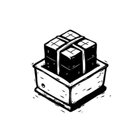 Black and white hand-drawn illustration of square packages tied together and stacked on a small drawer. Simple artistic depiction for graphic use.のイラスト素材