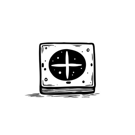 A minimalist illustration featuring a square containing a circle with a central plus shape, rendered in a retro-futuristic black and white style, suitable for abstract design projects.のイラスト素材