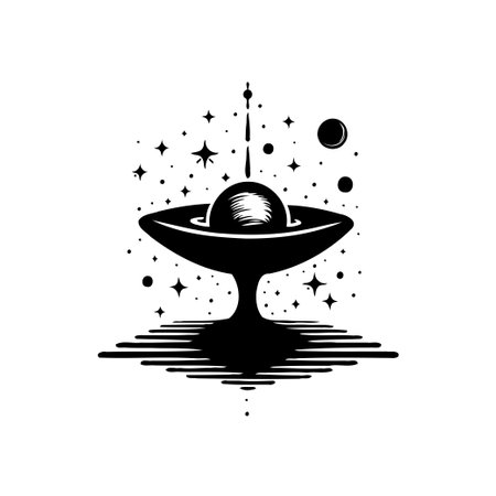 A stylized illustration showcasing a planet cradled within a cosmic setting. The artwork employs dark and light to create depth, complemented by stylized starlight and reflections, evoking a sense of celestial wonder.のイラスト素材