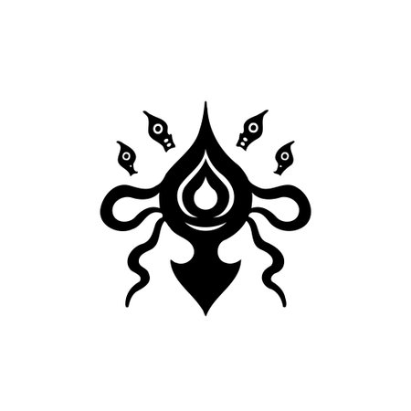 Stylized image of an symmetrical graphic element, showcases stylized tentacles, droplet, skulls and symmetrical design, executed in black, against a clean white background. Perfect for symbolic designs.のイラスト素材