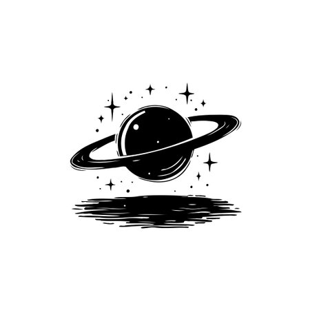 A stylized, vector depiction of the planet Saturn surrounded by stars in a white background. The planets rings and shadow are presented with a decorative graphic style.のイラスト素材