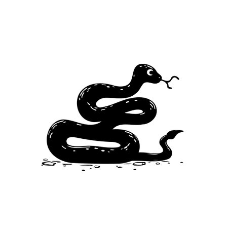 A minimalist black and white illustration depicts a stylized snake. The serpent is shown in a sinuous pose with a distinctive tongue, ideal for graphical projects.のイラスト素材