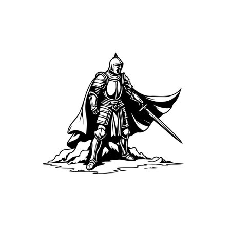 An ink illustration of a knight in full armor, cape, and sword. A vintage style suitable for historical or fantasy-themed projects. Depicting strength and bravery in black and white monochrome.のイラスト素材