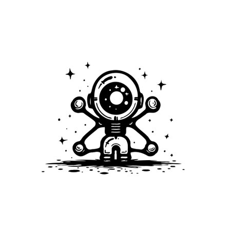 An abstract, stylized robot design featuring a large galactic eye surrounded by twinkling stars, conveys a sense of futuristic technology and artificial intelligence.のイラスト素材
