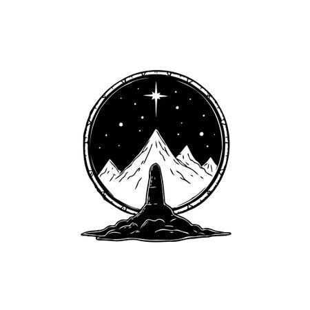 A monochrome artistic rendering of a mountain landscape at night, framed within a circular design, evoking a sense of peace and serene vastness.のイラスト素材