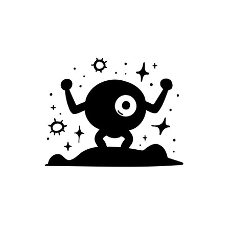 An intriguing black and white illustration features a one-eyed, arm raised, silhouette alien figure standing on a textured ground, surrounded by stars and celestial shapes in a cosmic scene.のイラスト素材