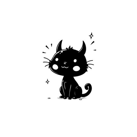 A charming monochromatic illustration features a horned kitten with large, innocent eyes, surrounded by subtle sparkles. The minimal design emphasizes its cuteness and whimsical allure.のイラスト素材