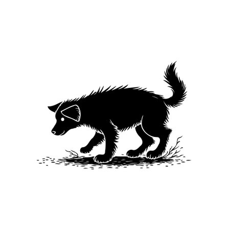 A stylized black and white image of a dog in motion, created with crisp lines and shading, showcases a blend of simplicity and elegance.のイラスト素材