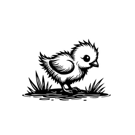 Detailed monochrome illustration featuring a fluffy chick standing among stylized blades of grass. The artwork exudes a quaint and endearing character, rendered in a classic outline style.のイラスト素材