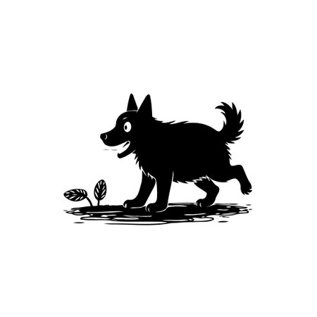 A cartoonish black dog silhouette explores a small patch of leaves with playful enthusiasm. This rendering evokes a sense of whimsical discovery and companionship.のイラスト素材