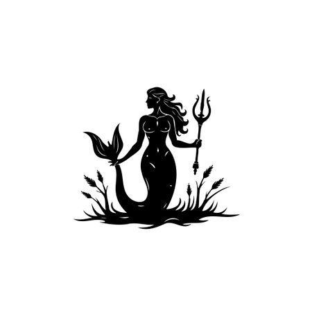 A striking silhouette illustration depicts a mermaid holding a trident amidst a stylized aquatic scene. This evokes a sense of mystery and timeless beauty, perfect for various creative projects.のイラスト素材