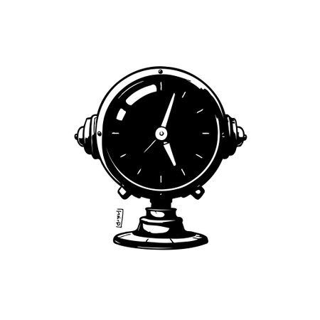 A detailed monochrome illustration showcases a unique clock with retro-inspired design elements. The drawing emphasizes the contrast between black and white, enhancing the aesthetic appeal.のイラスト素材