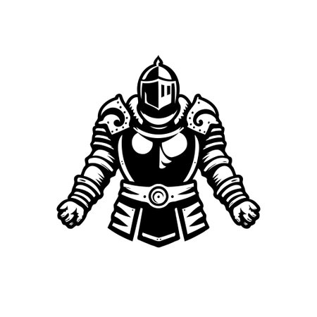 A stylized monochrome illustration showcases a formidable armored knight. The figure has bold linework and evokes a sense of medieval strength and protective prowess, represented through an emblem.のイラスト素材