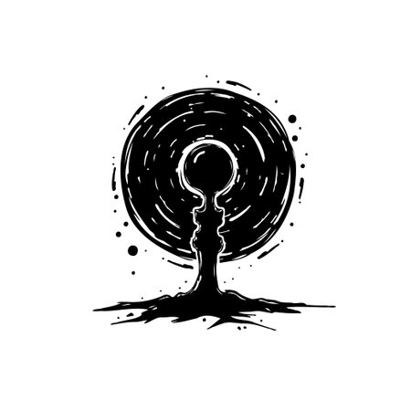 Abstract monochromatic drawing of two faces forming a stem with a circular crown, conveying introspection, relationships and the root of mutual understanding in a stylized manner.のイラスト素材