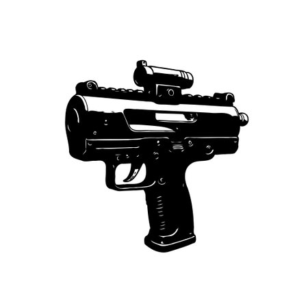 Monochrome illustration of a compact firearm with optical sight, silhouetted against a bright background, emphasizing its tactical design and potential use in security applications.のイラスト素材