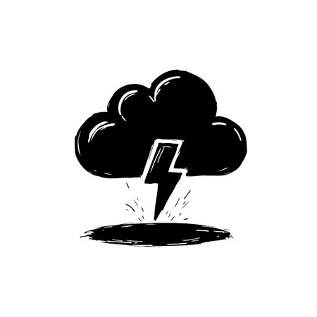 A simple illustration shows a dark storm cloud releasing a jagged lightning bolt, striking the ground with force. A stylized weather phenomenon portrayed in black and white.のイラスト素材