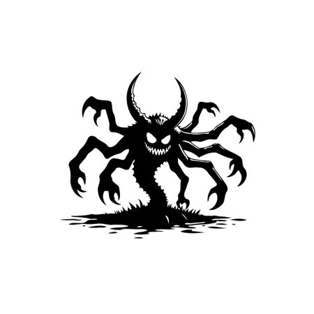 A stylized black silhouette depicts a multi-armed monster, complete with menacing horns and razor-sharp claws. Its grinning face conveys a sense of eerie foreboding.のイラスト素材