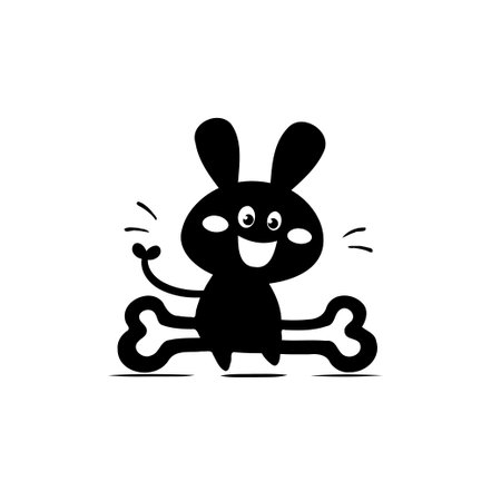 Black and white illustration of a cartoon rabbit waving with a bone as support, evoking a cute, comical, and playful mood.のイラスト素材