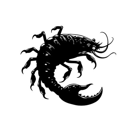A whimsical illustration of a scorpion caricature, rendered in black and white, accentuating its claws and curious features. A blend of fantasy and arthropod elements.のイラスト素材