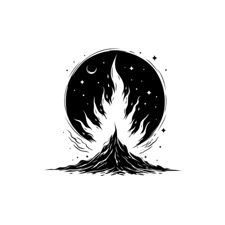 A monochrome illustration depicts a mountain silhouette emitting a celestial glow from its summit under a starry, moonlit sky. The image evokes a sense of mystery and ethereal tranquility.のイラスト素材