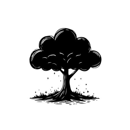 A graphic illustration of a tree in black and white showcasing detailed foliage and a stylized trunk. Emphasizing simplicity and the beauty of nature.のイラスト素材
