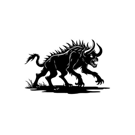 A bold monochromatic depiction showcases a ferocious beast. This mythological creature, portrayed in silhouette, exudes an air of mystery and danger. It evokes the realm of folklore and eerie fantasy.のイラスト素材