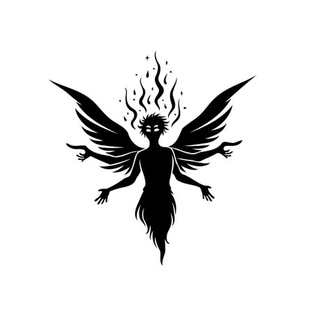 An artistic monochrome silhouette depicts a mysterious winged figure radiating celestial fire. This symbolic representation evokes themes of mythology, spirituality, and the supernatural, offering an enigmatic visual narrative.のイラスト素材