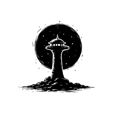 An elegant monochromatic image showcasing a stylized tower silhouette. The structure rises majestically against a circular background adorned with twinkling stars. The overall design invokes a sense of serene urban exploration.のイラスト素材