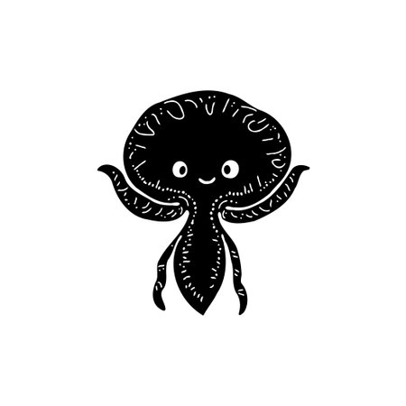 A stylized depiction of a cute octopus character, showcasing a simplistic monochrome drawing style. Its playful expression and rounded form create a sense of charm.のイラスト素材