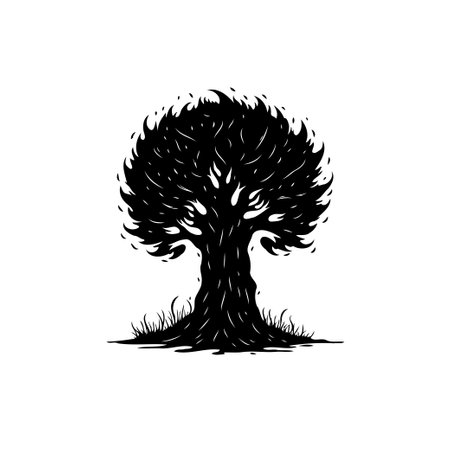 A stylized monochrome illustration of a tree with a distinct textural quality in the foliage. The design has an organic feel and is isolated on a white background, emphasizing its simplicity and artistic nature.のイラスト素材