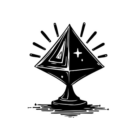A striking monochrome illustration depicts a pyramid-shaped object elegantly displayed on a pedestal stand. The artwork features clean lines and a stylized design.のイラスト素材