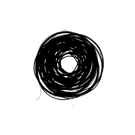 A simple but compelling abstract drawing, this image showcases a circular scribble design in stark black ink over a plain white background. It evokes a sense of chaos, art and minimalist expression.のイラスト素材