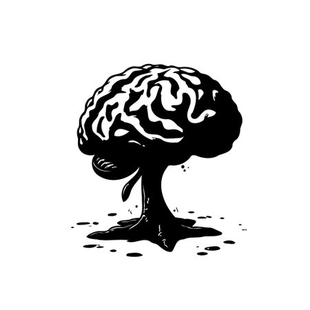 A metaphorical depiction of a brain shaped as a tree, symbolizing the growth of knowledge and intellect. Black and white rendering adds dramatic flair. Represents the connection of thoughts and ideas.のイラスト素材