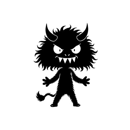 An artistic depiction showcases a black silhouette monster with horns, a tail, and sharp teeth. The creature exudes a sense of cartoonish fun and spooky allure.のイラスト素材