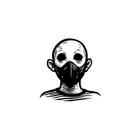A minimalist and evocative illustration of a person wearing a mask. The monochromatic drawing uses bold outlines and shading to convey themes of protection, anonymity, and health awareness.のイラスト素材