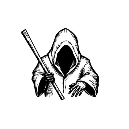 An unsettling hooded figure grasps a wooden staff. Emitting an enigmatic ambiance, shrouded in shadow against stark white, the mysterious character remains concealed within the depths of their hood.のイラスト素材