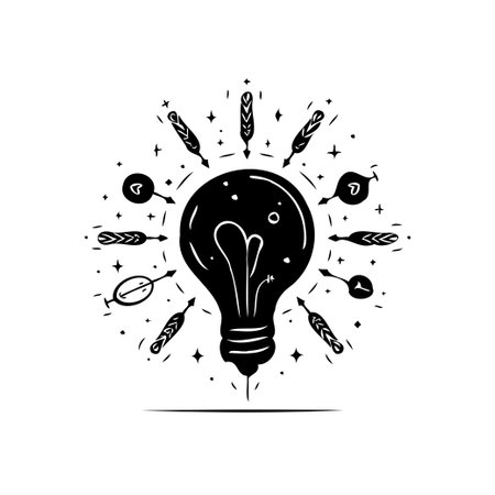 A hand-drawn style illustration features a central lightbulb, symbolizing inspiration and innovation. Decorative elements radiate outwards, enhancing the conceptual design with a touch of whimsy.のイラスト素材