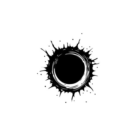 Striking black and white image featuring a circular splat emanating radial lines, creating a dynamic abstract effect. This image suggest handmade brushstroke with unique and expressive quality.のイラスト素材