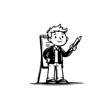 An expressive cartoon businessman stands presenting ideas on a flipchart. He is holding a pencil, ready to communicate his vision in a lively and engaging manner.のイラスト素材